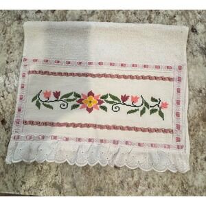 Hand Towel Embellished Cross Stitch Floral Pink Lace White Bathroom Guest Towel